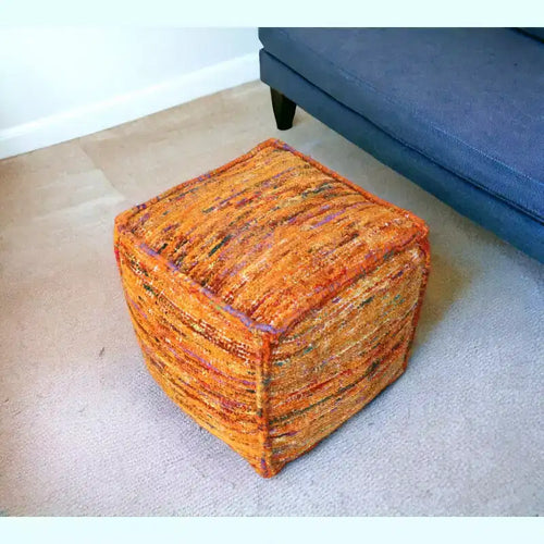 18" Orange Recycled Silk & Cotton Cube Pouf Ottoman – Boho Accent Footrest