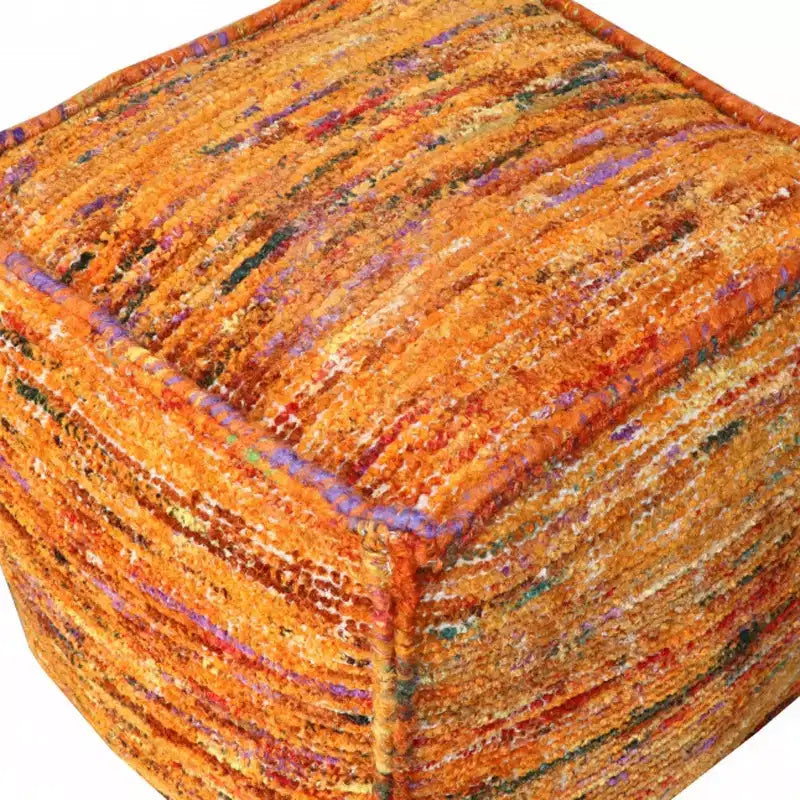 18" Orange Recycled Silk & Cotton Cube Pouf Ottoman – Boho Accent Footrest