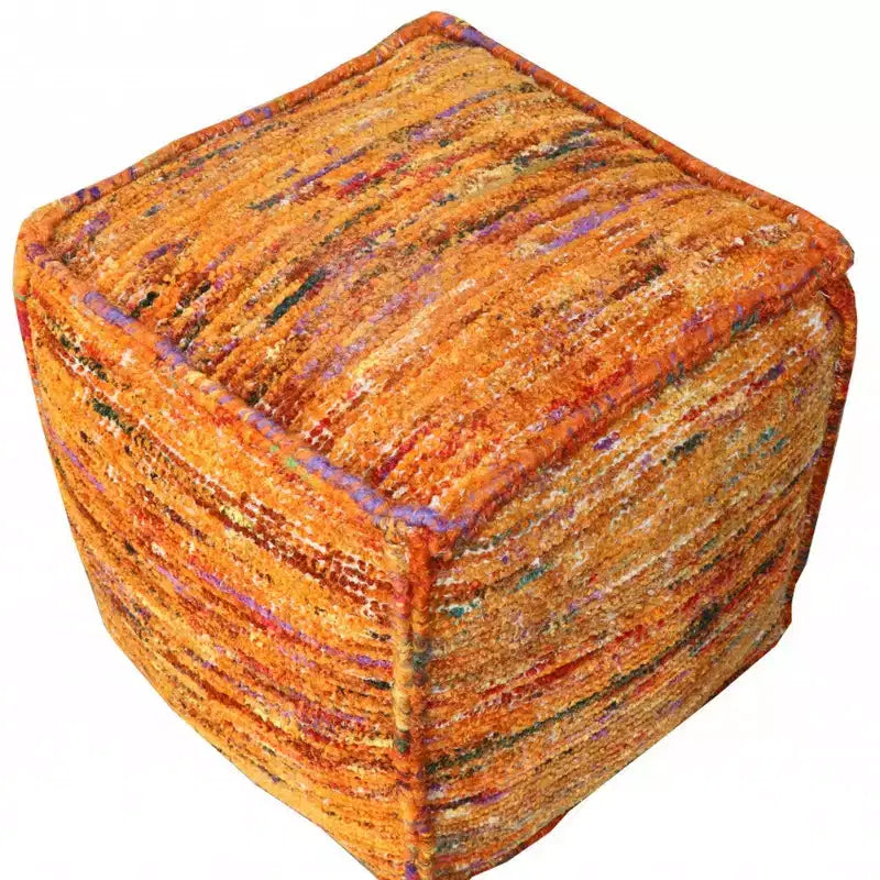 18" Orange Recycled Silk & Cotton Cube Pouf Ottoman – Boho Accent Footrest