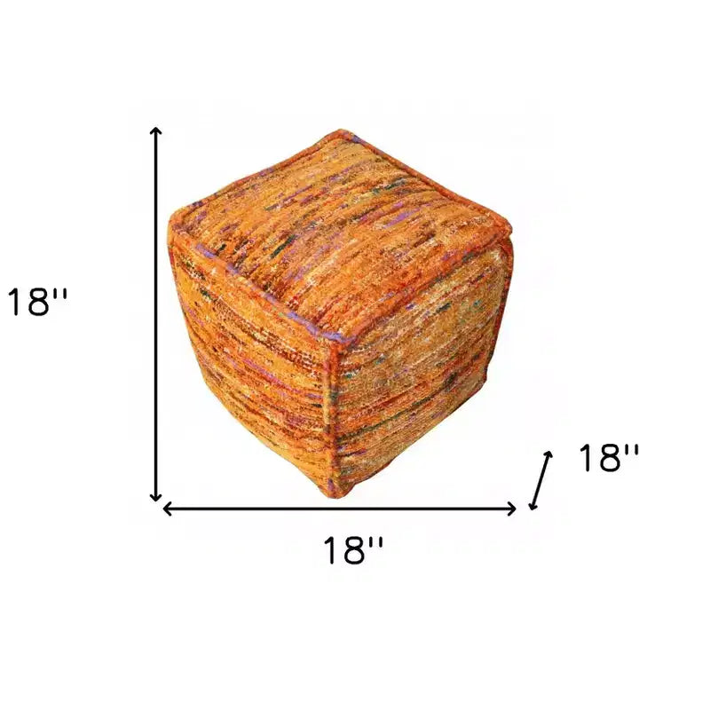 18" Orange Recycled Silk & Cotton Cube Pouf Ottoman – Boho Accent Footrest