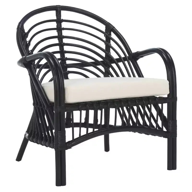 Fauteuil d'appoint Aragorn en rotin noir avec coussin blanc amovible