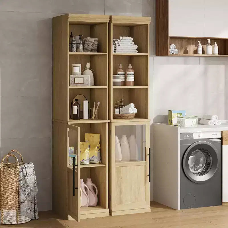 Armoire de rangement haute et étroite blanche/bois avec porte vitrée et étagères ouvertes, sur pied