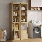 Armoire de rangement haute et étroite blanche/bois avec porte vitrée et étagères ouvertes, sur pied