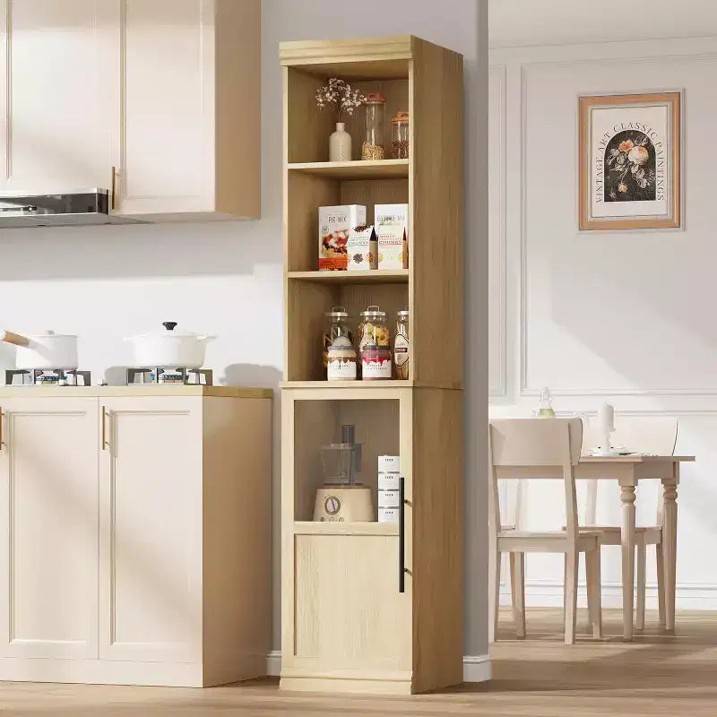 Armoire de rangement haute et étroite blanche/bois avec porte vitrée et étagères ouvertes, sur pied