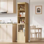 Armoire de rangement haute et étroite blanche/bois avec porte vitrée et étagères ouvertes, sur pied