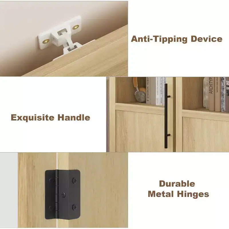 Armoire de rangement haute et étroite blanche/bois avec porte vitrée et étagères ouvertes, sur pied