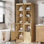 Armoire de rangement haute et étroite blanche/bois avec porte vitrée et étagères ouvertes, sur pied