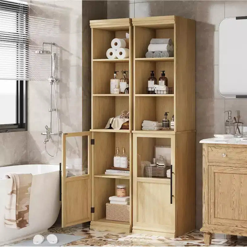 Armoire de rangement haute et étroite blanche/bois avec porte vitrée et étagères ouvertes, sur pied