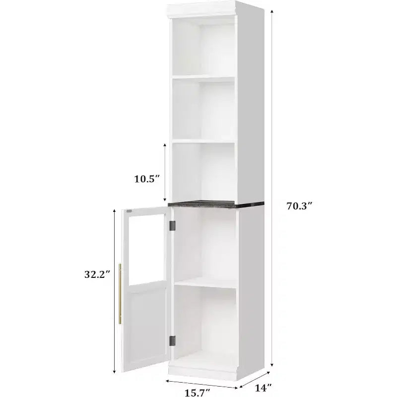 Armoire de rangement haute et étroite blanche/bois avec porte vitrée et étagères ouvertes, sur pied