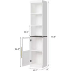 Armoire de rangement haute et étroite blanche/bois avec porte vitrée et étagères ouvertes, sur pied