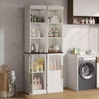 Armoire de rangement haute et étroite blanche/bois avec porte vitrée et étagères ouvertes, sur pied