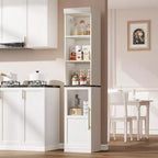 Armoire de rangement haute et étroite blanche/bois avec porte vitrée et étagères ouvertes, sur pied