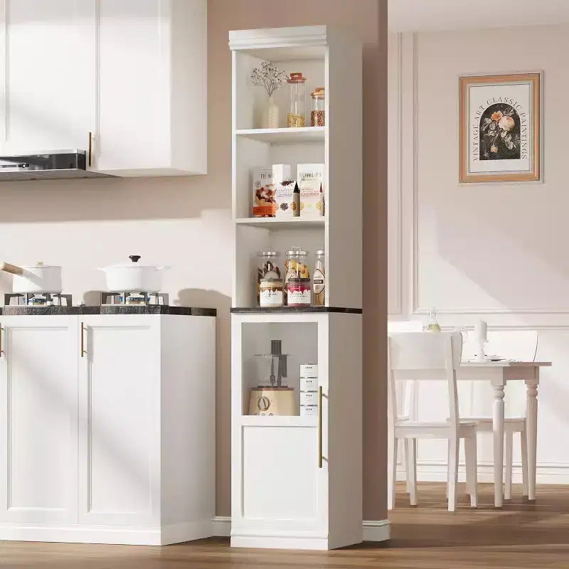 White/Wood Tall Narrow Storage Cabinet with Glass Door & Open Shelves, Freestanding