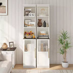 Armoire de rangement haute et étroite blanche/bois avec porte vitrée et étagères ouvertes, sur pied
