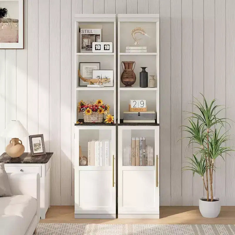 White/Wood Tall Narrow Storage Cabinet with Glass Door & Open Shelves, Freestanding