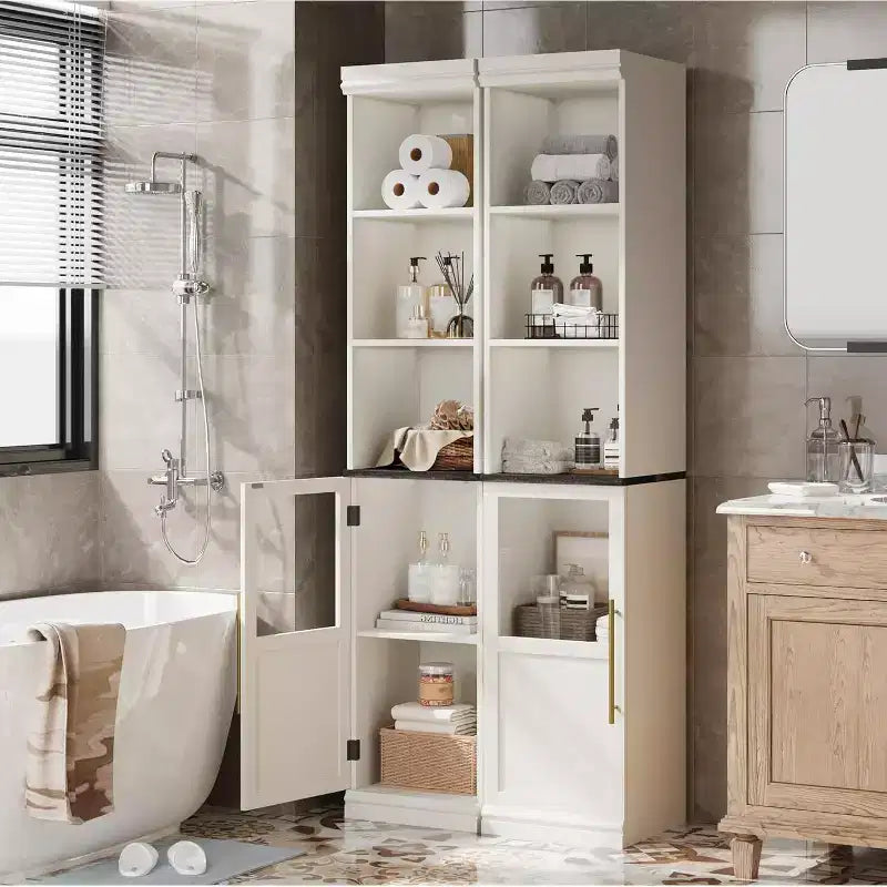 Armoire de rangement haute et étroite blanche/bois avec porte vitrée et étagères ouvertes, sur pied