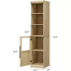 Armoire de rangement haute et étroite blanche/bois avec porte vitrée et étagères ouvertes, sur pied