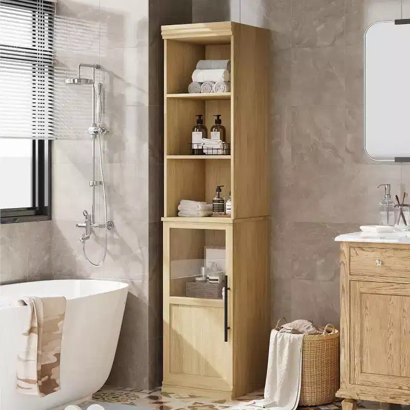White/Wood Tall Narrow Storage Cabinet with Glass Door & Open Shelves, Freestanding