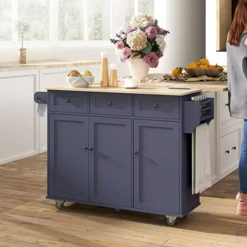 Dark Blue / White Rolling Kitchen Island with Charging Station, Drop Leaf & Storage, Single-User