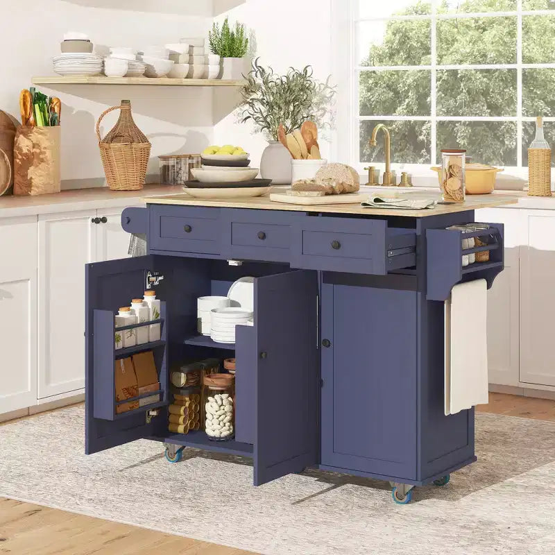 Îlot de cuisine roulant bleu foncé/blanc avec station de charge, abattant et rangement, pour une personne