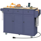 Îlot de cuisine roulant bleu foncé/blanc avec station de charge, abattant et rangement, pour une personne