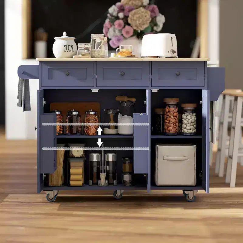 Îlot de cuisine roulant bleu foncé/blanc avec station de charge, abattant et rangement, pour une personne