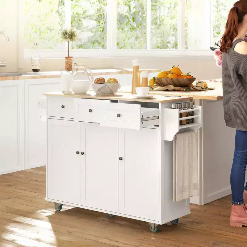 Îlot de cuisine roulant bleu foncé/blanc avec station de charge, abattant et rangement, pour une personne