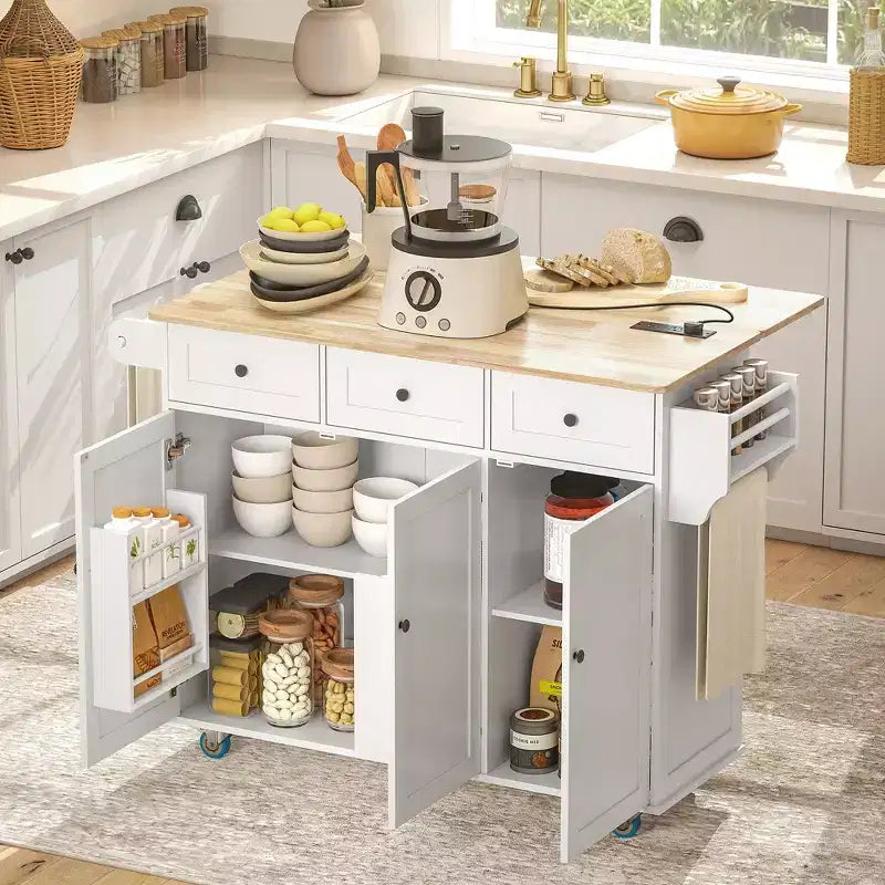 Îlot de cuisine roulant bleu foncé/blanc avec station de charge, abattant et rangement, pour une personne