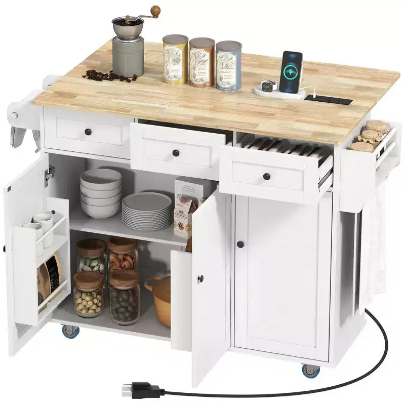 Îlot de cuisine roulant bleu foncé/blanc avec station de charge, abattant et rangement, pour une personne