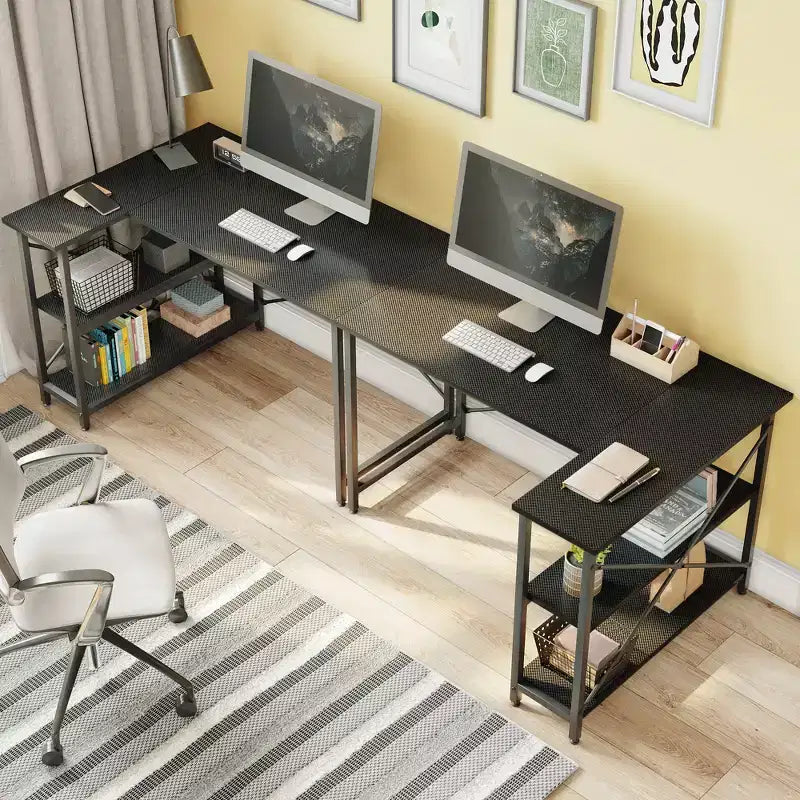 Bureau d'angle en L avec étagères, noir/marron/gris/chêne, 1 personne, 119 cm