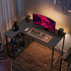 Bureau d'angle en L avec étagères, noir/marron/gris/chêne, 1 personne, 119 cm