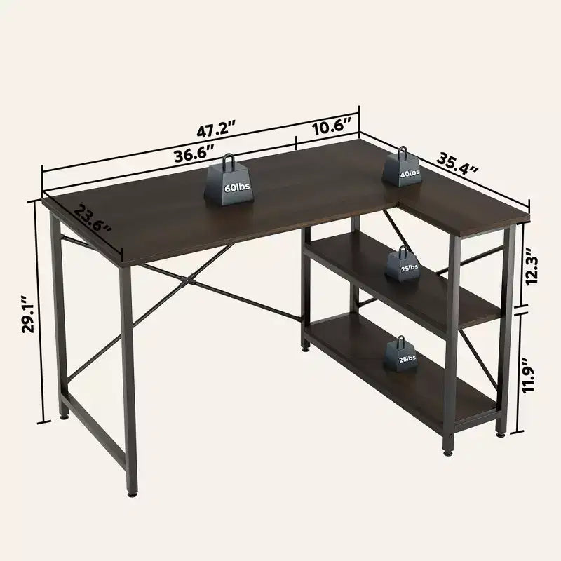 Bureau d'angle en L avec étagères, noir/marron/gris/chêne, 1 personne, 119 cm