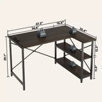 Bureau d'angle en L avec étagères, noir/marron/gris/chêne, 1 personne, 119 cm