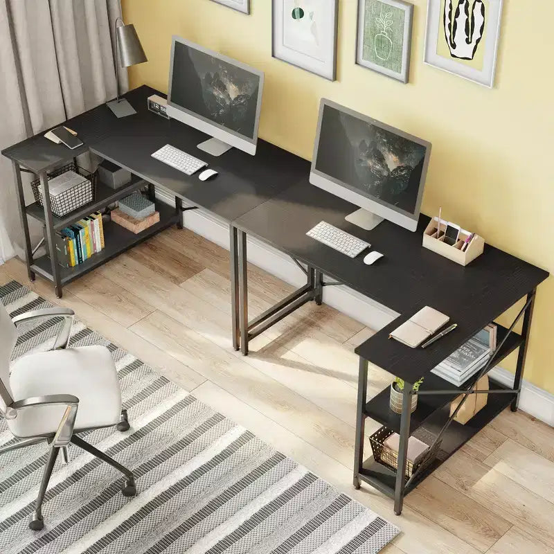 Bureau d'angle en L avec étagères, noir/marron/gris/chêne, 1 personne, 119 cm