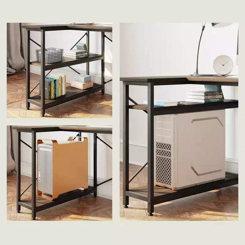 Bureau d'angle en L avec étagères, noir/marron/gris/chêne, 1 personne, 119 cm