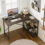 Bureau d'angle en L avec étagères, noir/marron/gris/chêne, 1 personne, 119 cm