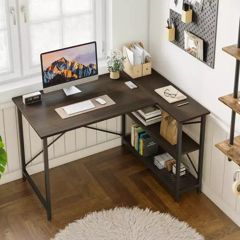 Bureau d'angle en L avec étagères, noir/marron/gris/chêne, 1 personne, 119 cm