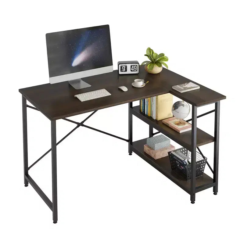Bureau d'angle en L avec étagères, noir/marron/gris/chêne, 1 personne, 119 cm
