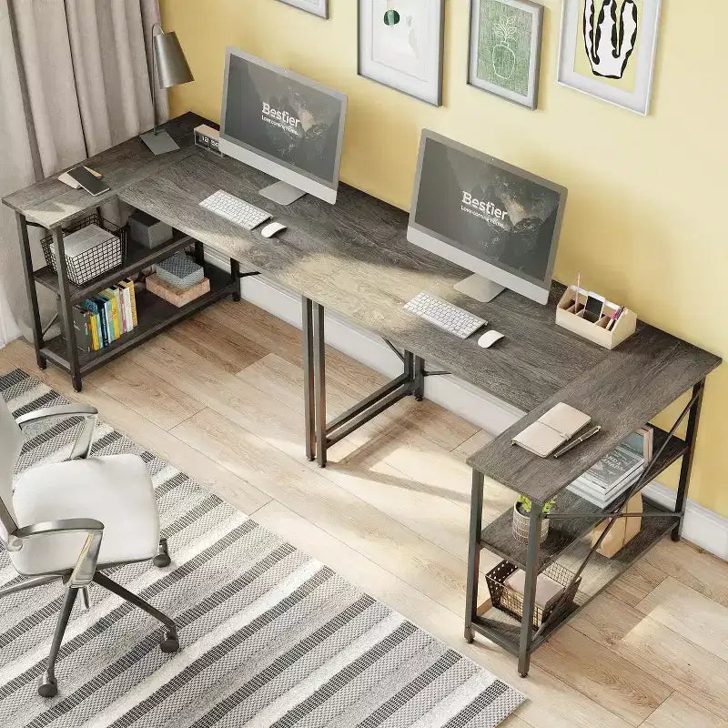 Bureau d'angle en L avec étagères, noir/marron/gris/chêne, 1 personne, 119 cm