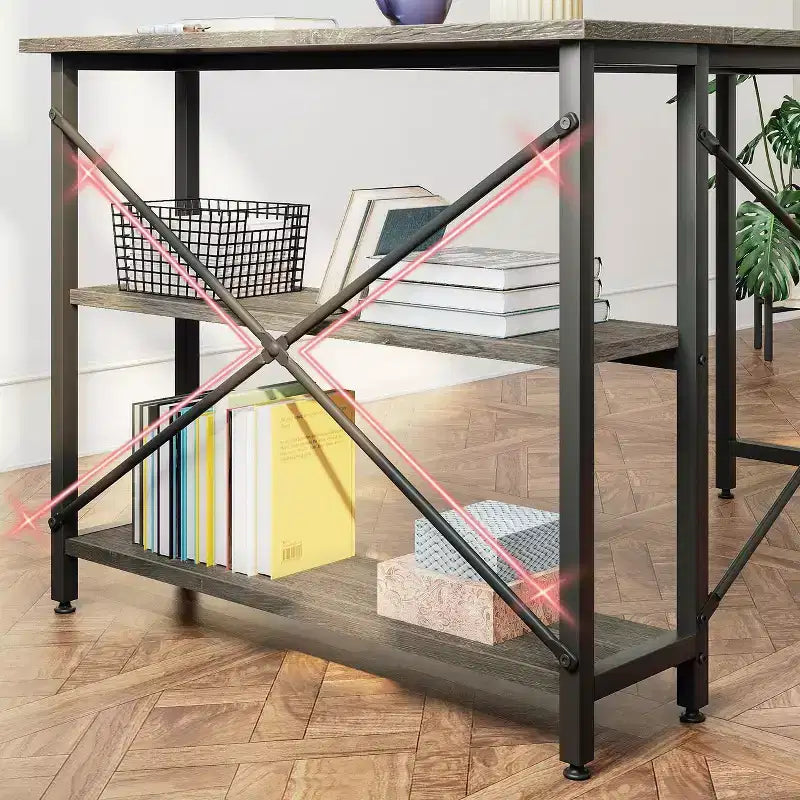 Bureau d'angle en L avec étagères, noir/marron/gris/chêne, 1 personne, 119 cm