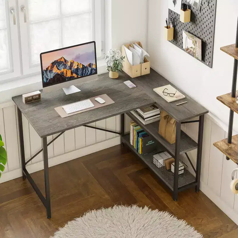 Bureau d'angle en L avec étagères, noir/marron/gris/chêne, 1 personne, 119 cm