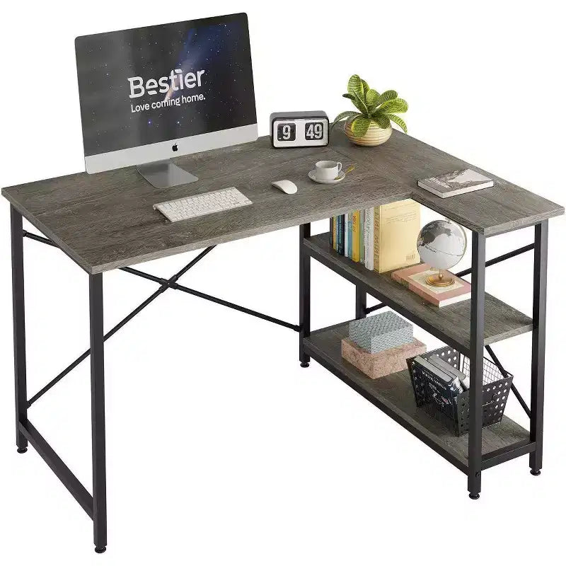 Bureau d'angle en L avec étagères, noir/marron/gris/chêne, 1 personne, 119 cm