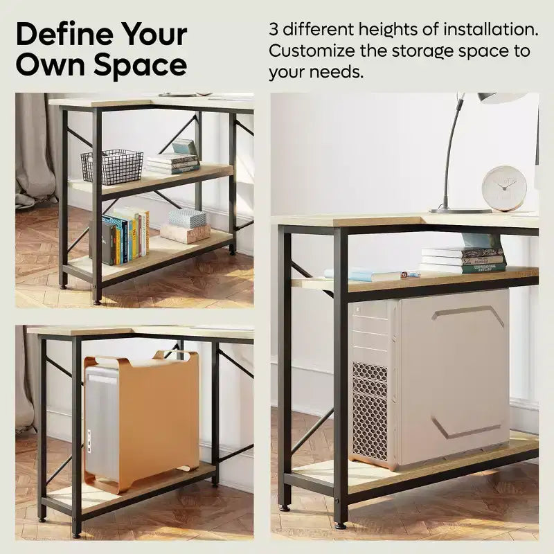 Bureau d'angle en L avec étagères, noir/marron/gris/chêne, 1 personne, 119 cm