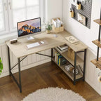Bureau d'angle en L avec étagères, noir/marron/gris/chêne, 1 personne, 119 cm