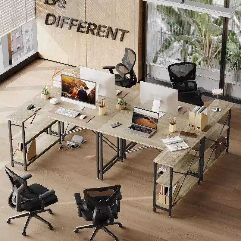 Bureau d'angle en L avec étagères, noir/marron/gris/chêne, 1 personne, 119 cm