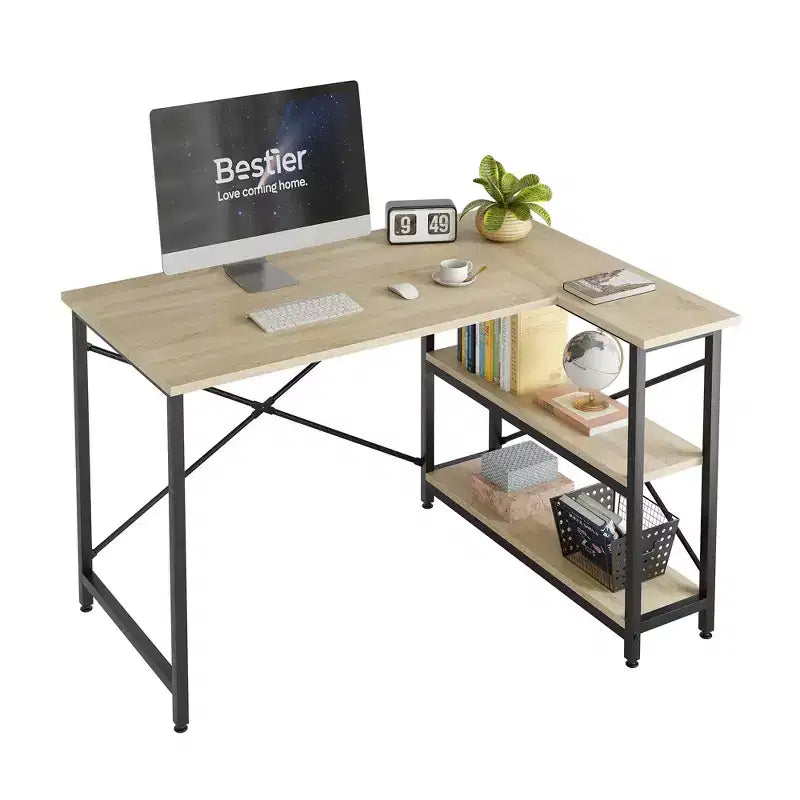 Bureau d'angle en L avec étagères, noir/marron/gris/chêne, 1 personne, 119 cm