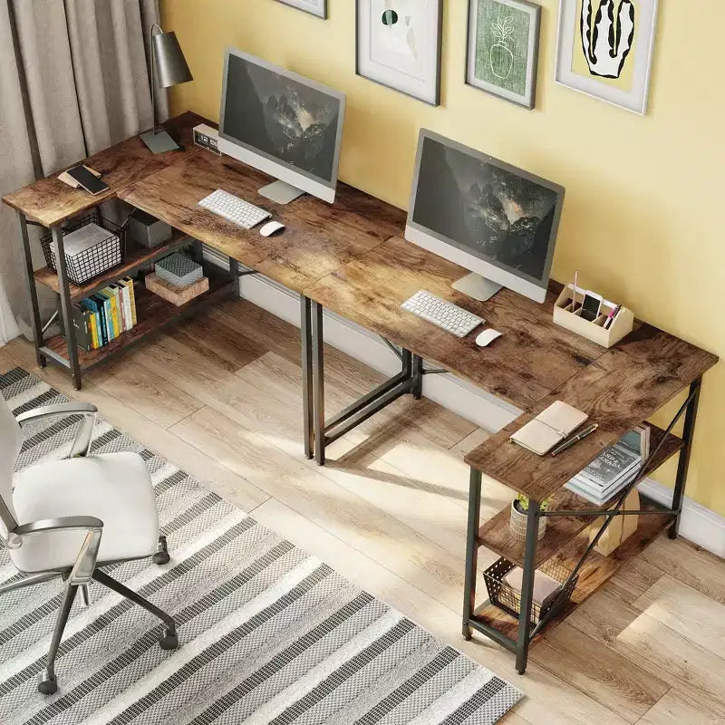 Bureau d'angle en L avec étagères, noir/marron/gris/chêne, 1 personne, 119 cm
