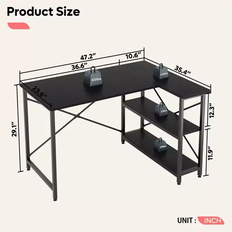 Bureau d'angle en L avec étagères, noir/marron/gris/chêne, 1 personne, 119 cm