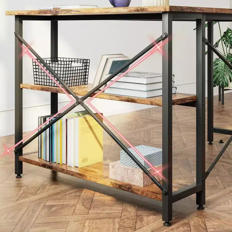 Bureau d'angle en L avec étagères, noir/marron/gris/chêne, 1 personne, 119 cm