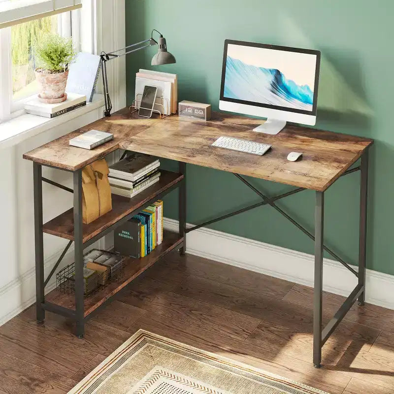 Bureau d'angle en L avec étagères, noir/marron/gris/chêne, 1 personne, 119 cm
